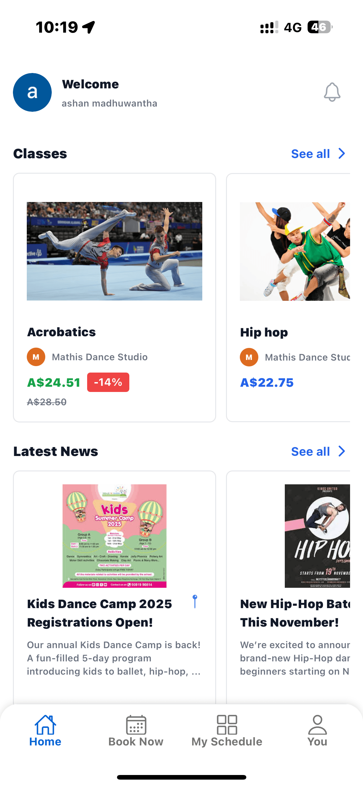 Dancey mobile app home screen showing upcoming classes and quick actions